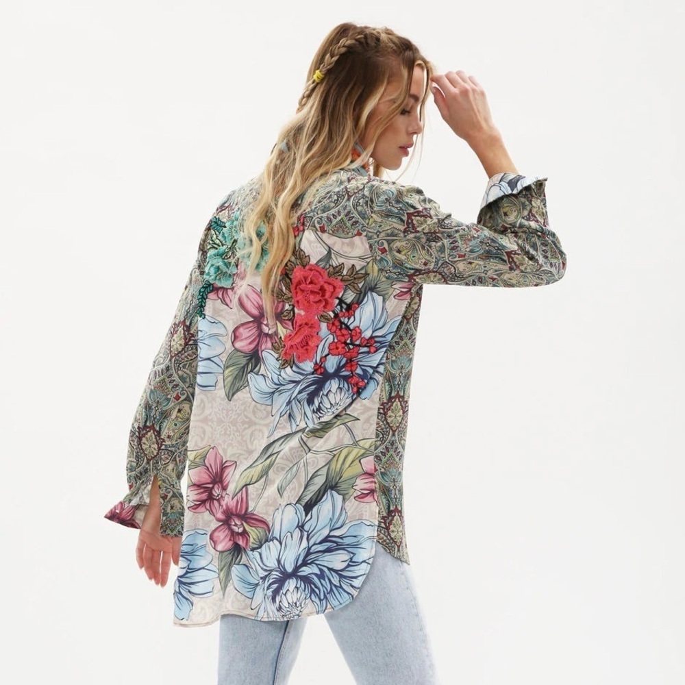 Aratta Silent Journey Till The Very End Blouse 3D Boho Floral Embellished Sz XS